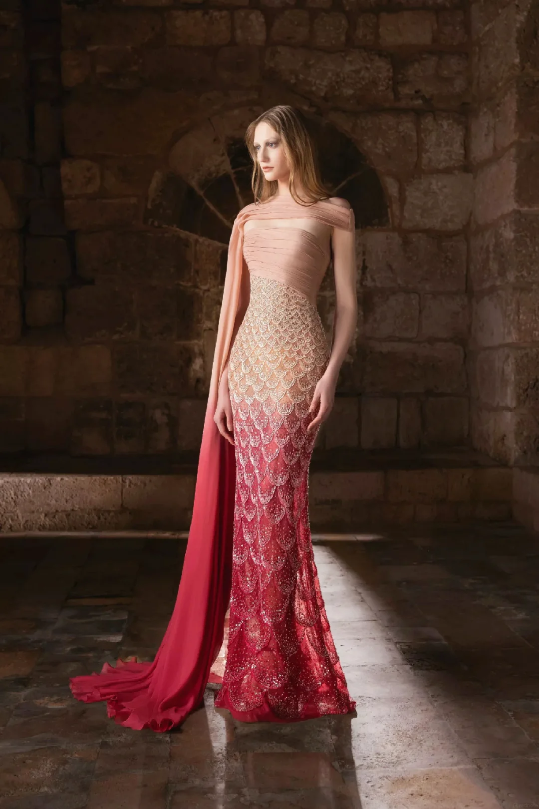 Rose gradient embroidered couture gown