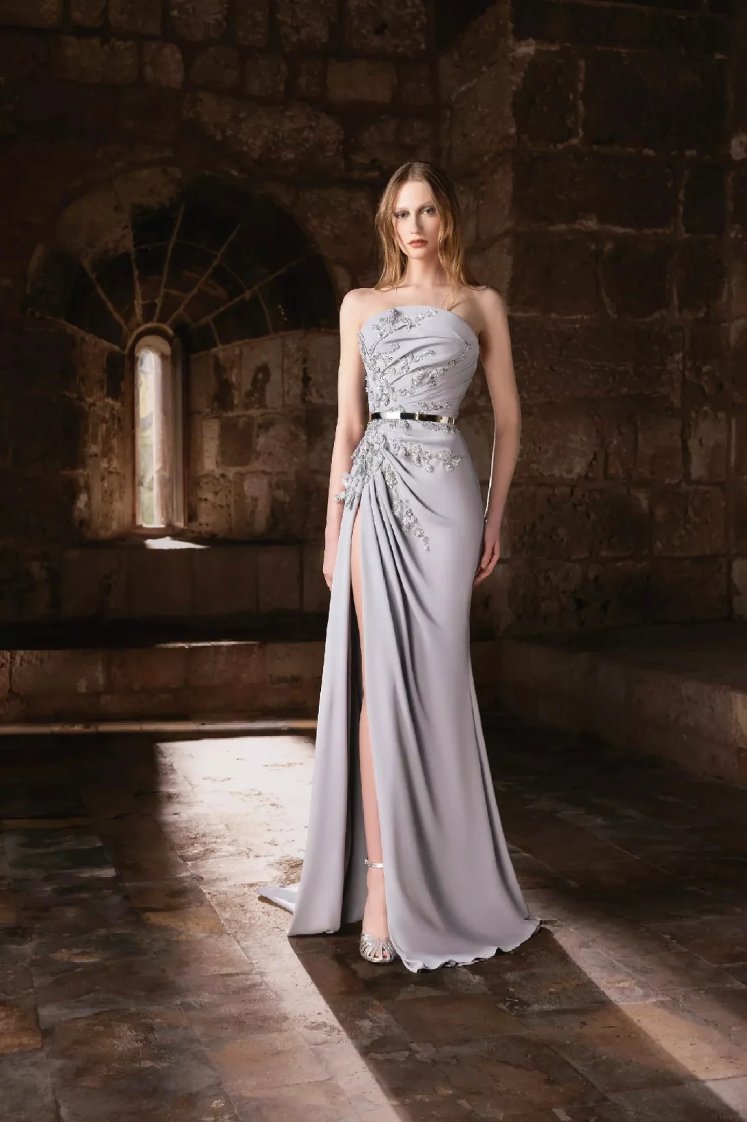 Silver one-shoulder couture gown